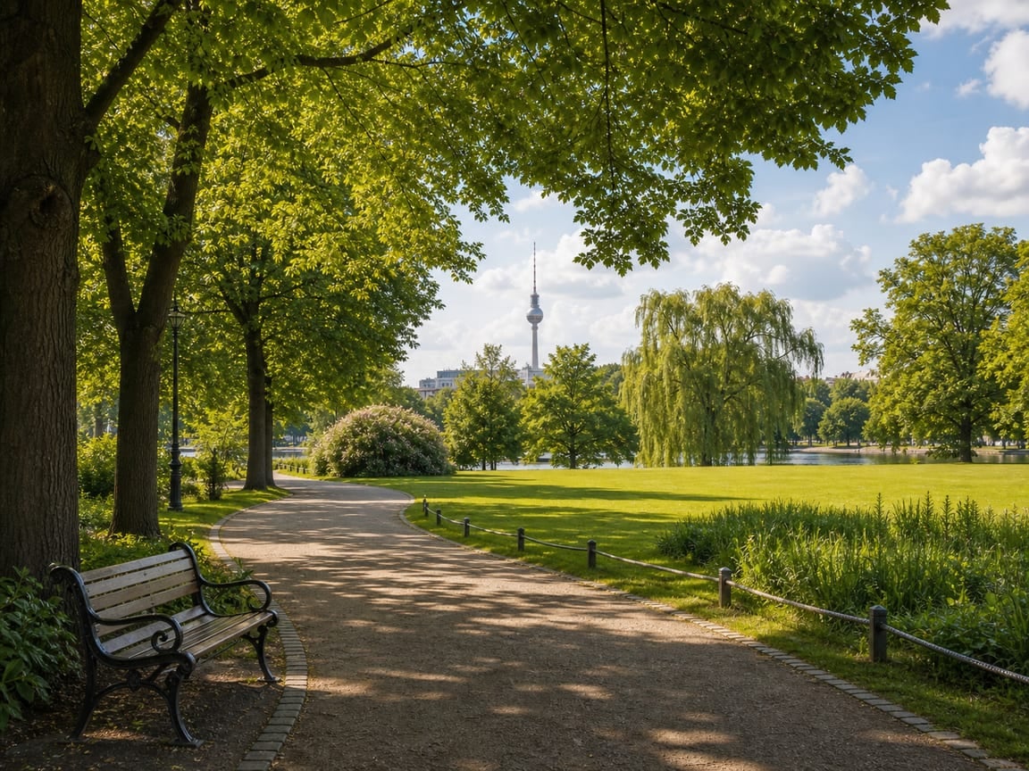 Ruhiger Berliner Stadtpark mit Wegen, Bäumen und Bänken