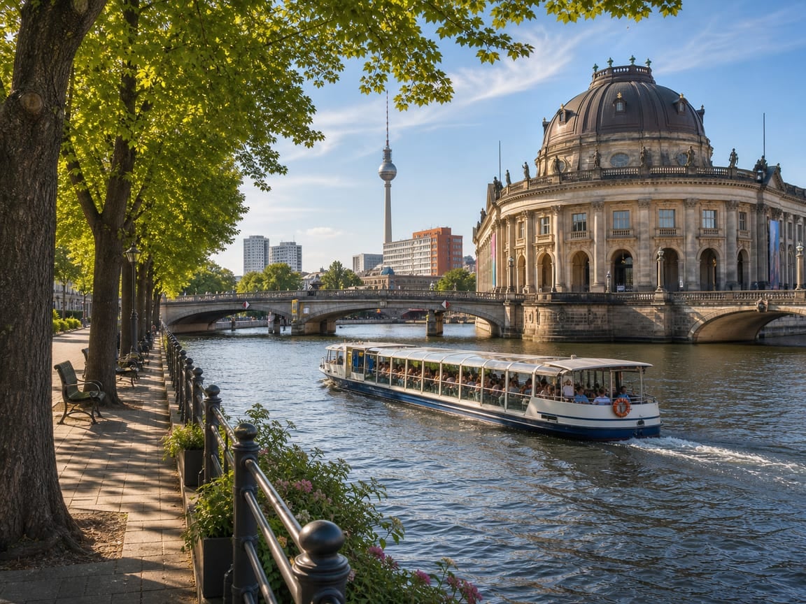Ausflugsboot auf der Spree mit Uferpromenade und Stadtkulisse