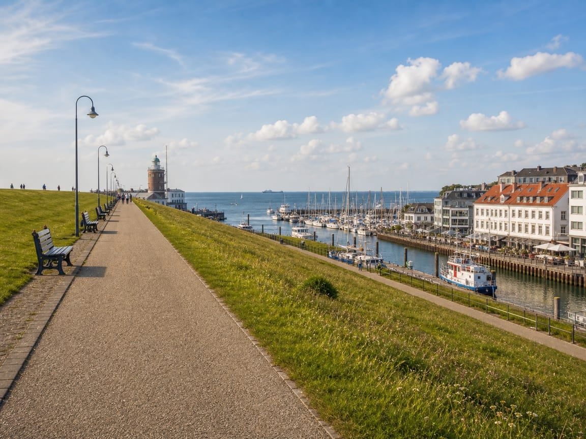 Ebene Deichpromenade mit Blick auf den Hafen von Cuxhaven