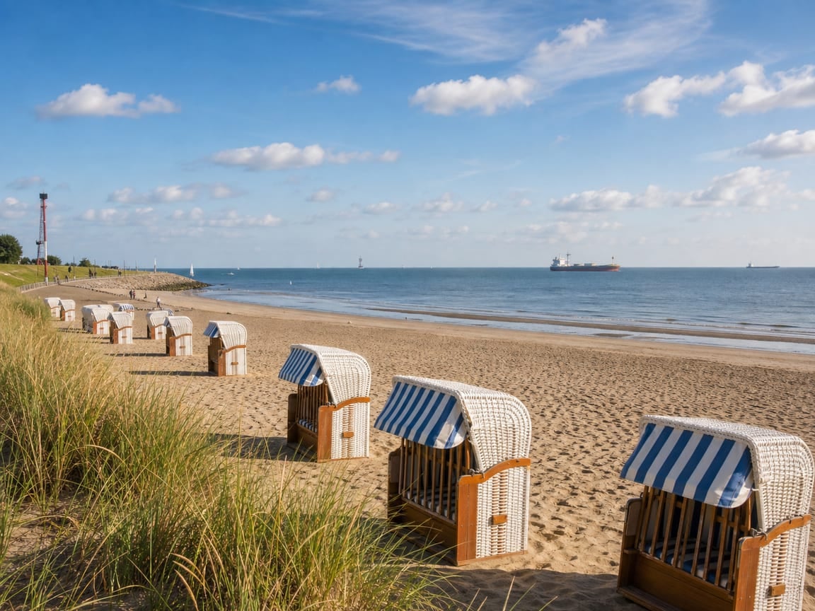 Weiter Sandstrand mit Strandkörben an der Nordsee bei Cuxhaven