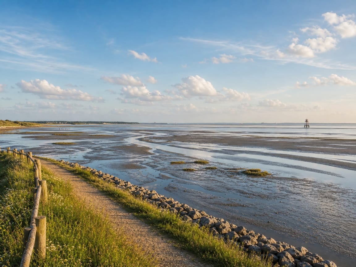 Weite Wattlandschaft des Nationalparks Wattenmeer bei Ebbe