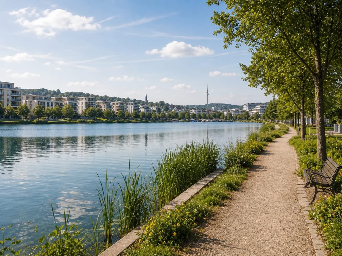 Grüner Park mit See und Spazierwegen in Dortmund