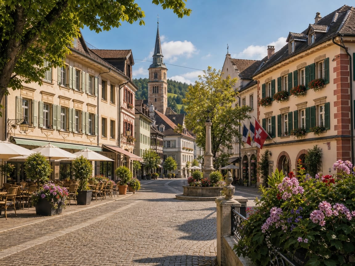 Stadtansicht im Dreiländereck mit historischer Architektur