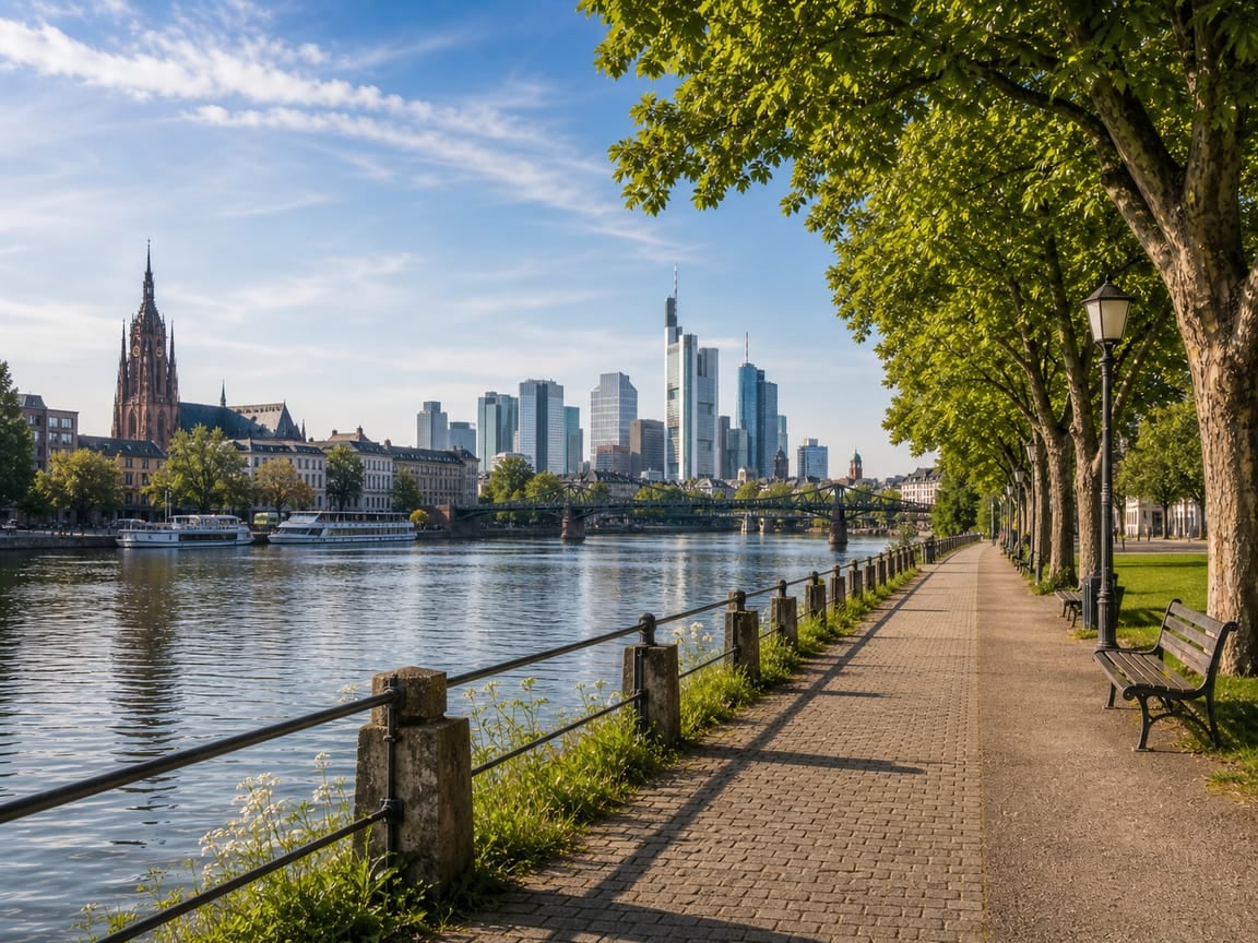 Mainufer in Frankfurt mit Uferpromenade und Skyline im Hintergrund