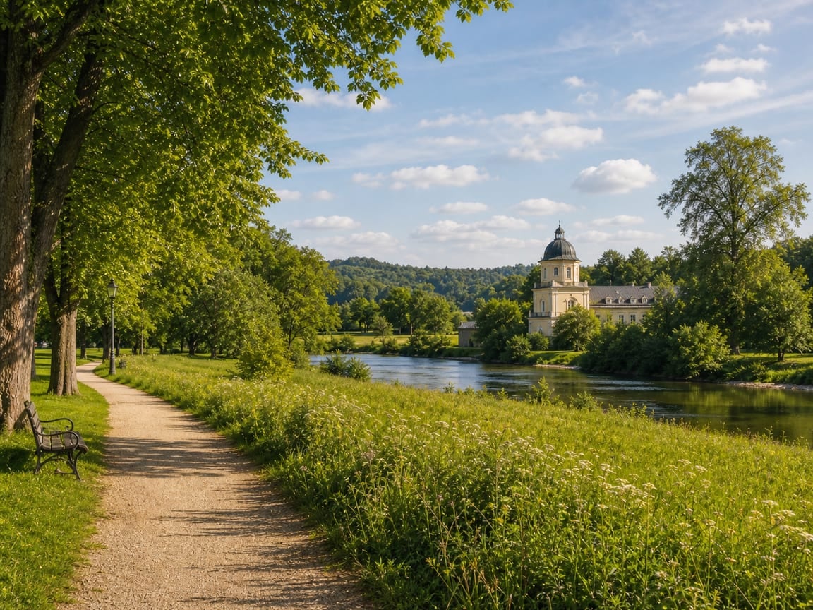 Grüner Schlosspark im Frankfurter Umland mit Wegen und Bäumen