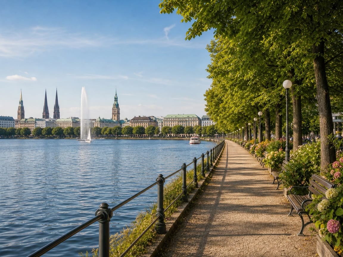 Uferweg an der Hamburger Alster mit Bäumen und Wasser