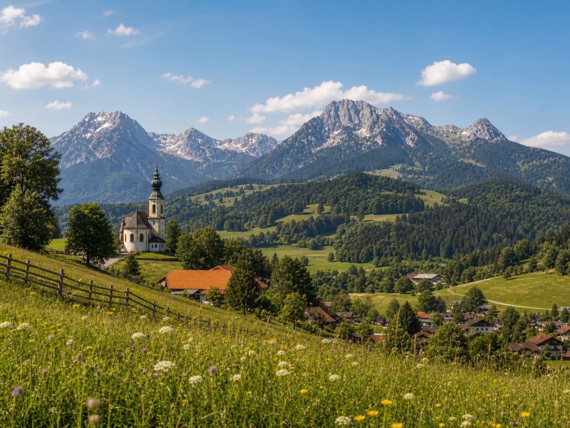 Oberbayerisches Alpenpanorama mit Gipfeln über dem Voralpenland