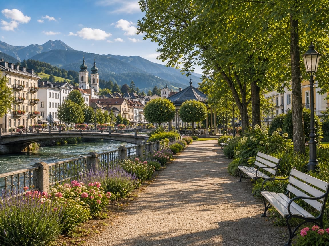 Gepflegter Kurpark in Oberbayern mit Wegen, Bänken und Promenade