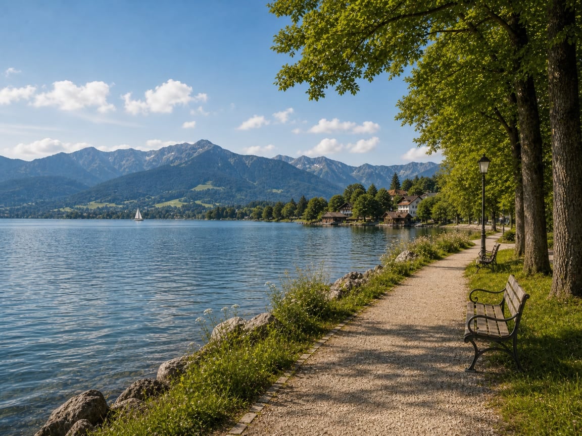 Oberbayerischer See mit Uferpromenade und Bergen im Hintergrund