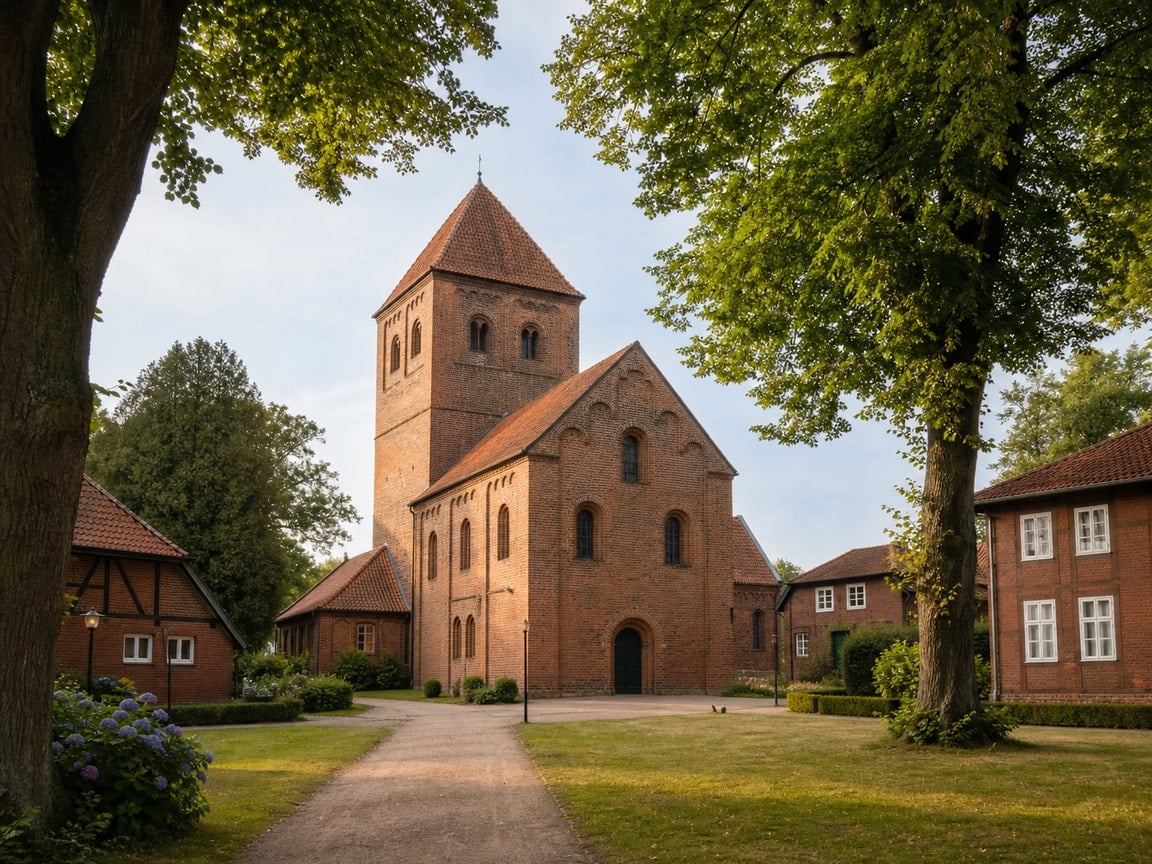 Romanische Klosterkirche St. Marien aus Backstein mit Bäumen und Museumsgebäuden in Osterholz-Scharmbeck
