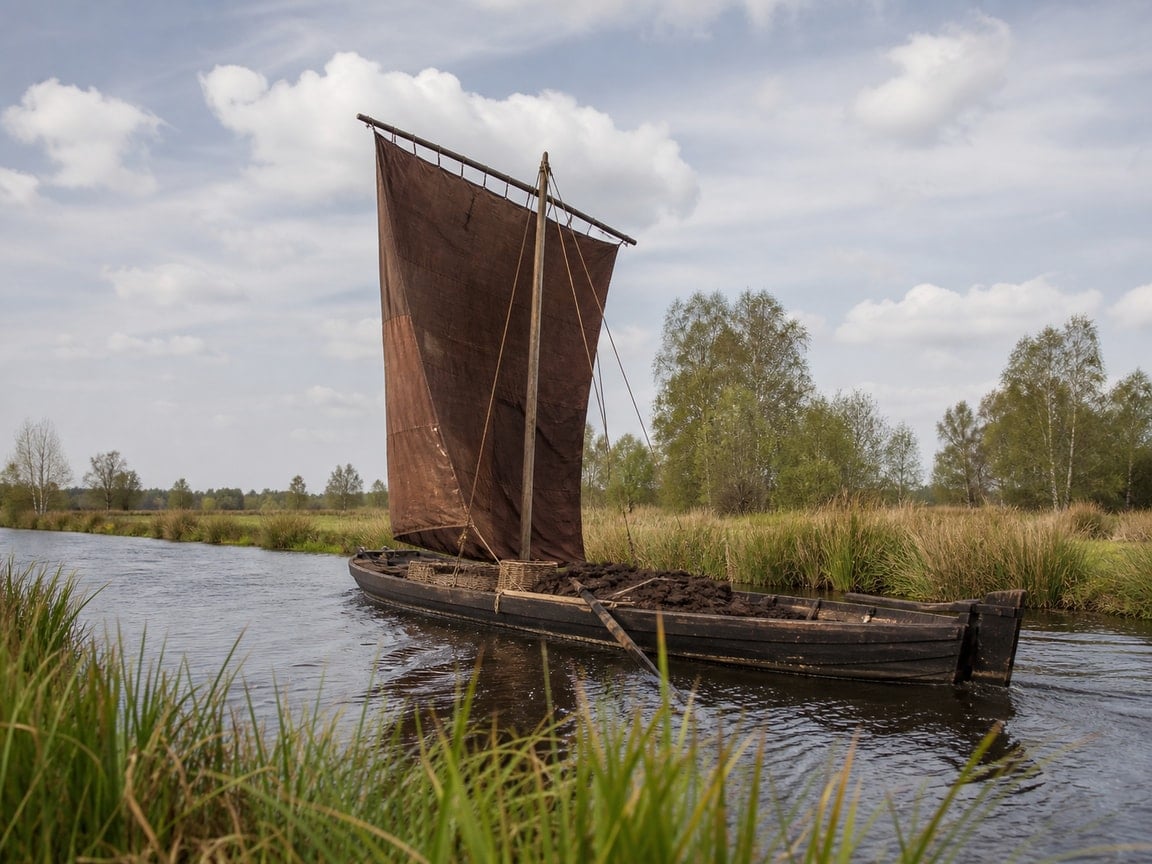 Traditioneller flacher Torfkahn mit braunem Segel auf der Hamme in der Moorlandschaft