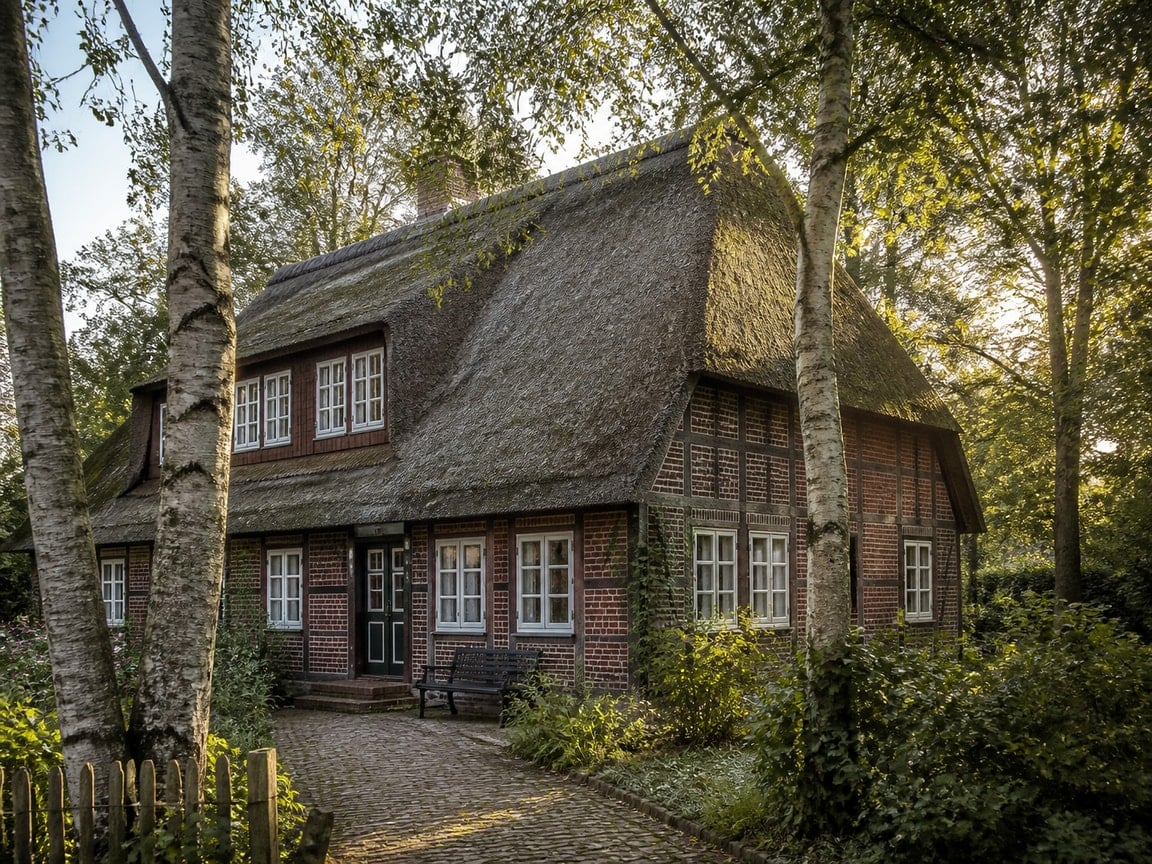 Reetgedecktes Künstlerhaus mit Backsteinfassade im Künstlerdorf Worpswede