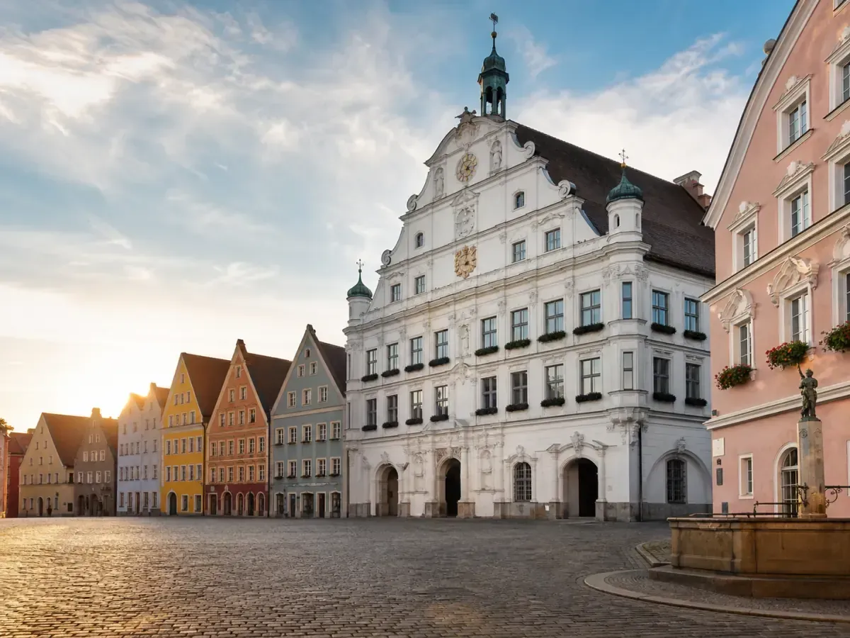 Historischer Marktplatz von Memmingen im Morgenlicht