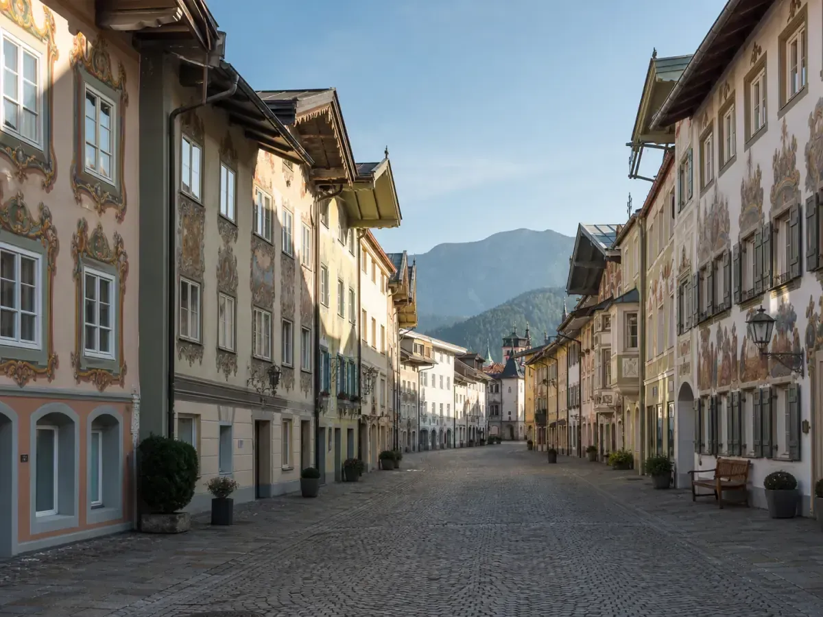 Bunte Marktstraße in Bad Tölz mit Alpenblick
