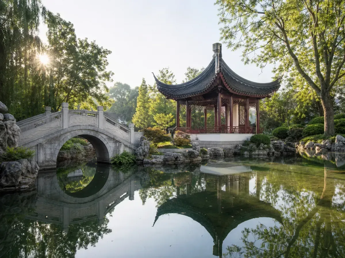 Chinesischer Garten mit Pavillon und ruhigem Teich