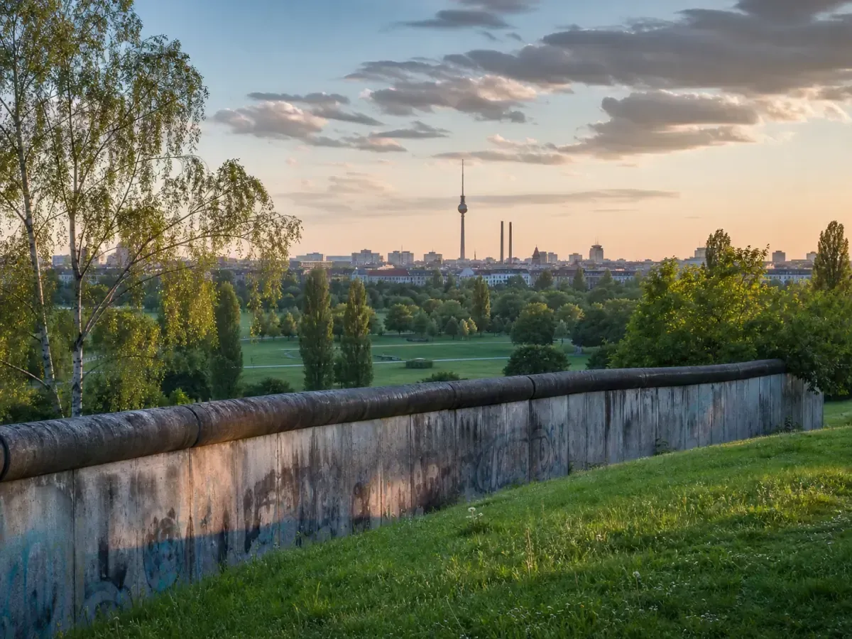 Grüner Mauerpark mit Berliner Stadtsilhouette