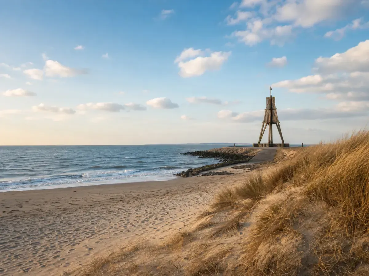 Kugelbake am Cuxhavener Strand bei Sonnenaufgang