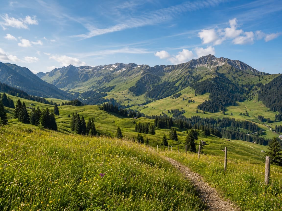 Allgäuer Alpenpanorama mit grünen Almwiesen und Bergkette
