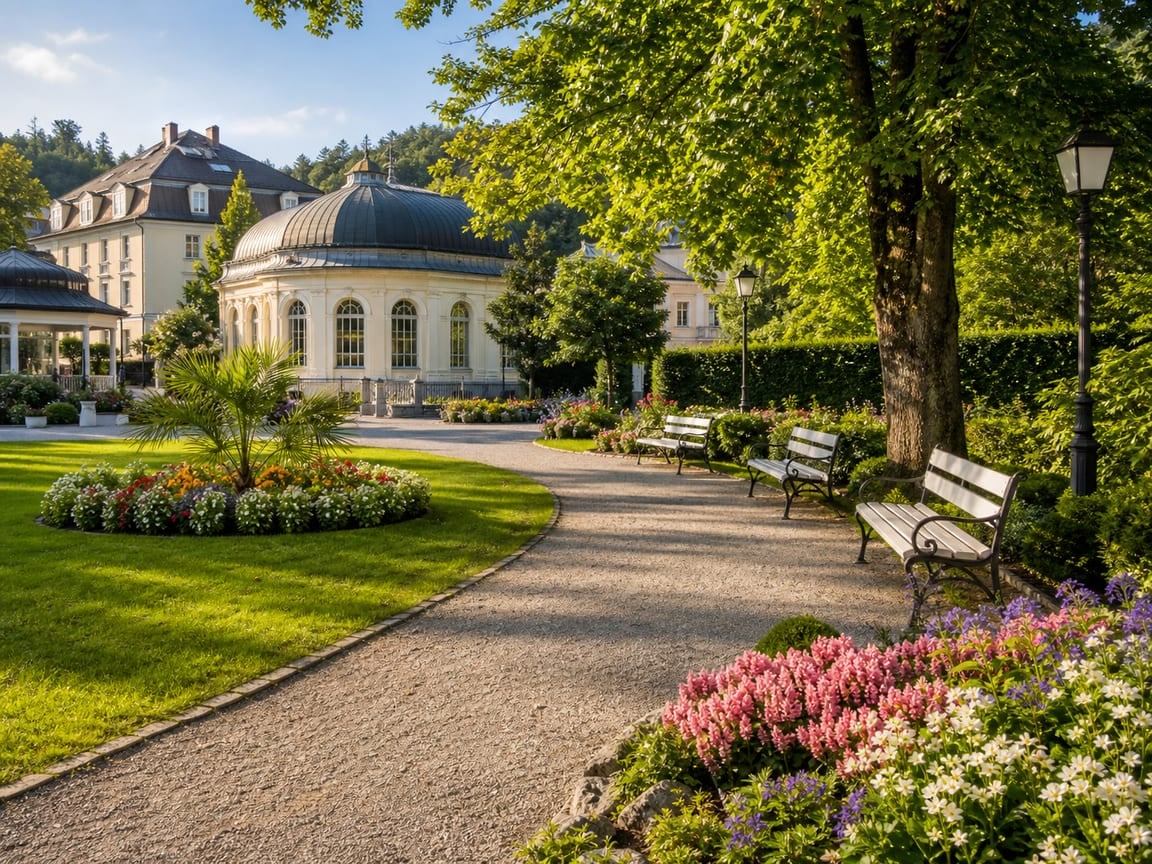 Gepflegter Kurpark im Allgäu mit Wegen, Bänken und Blumenbeeten