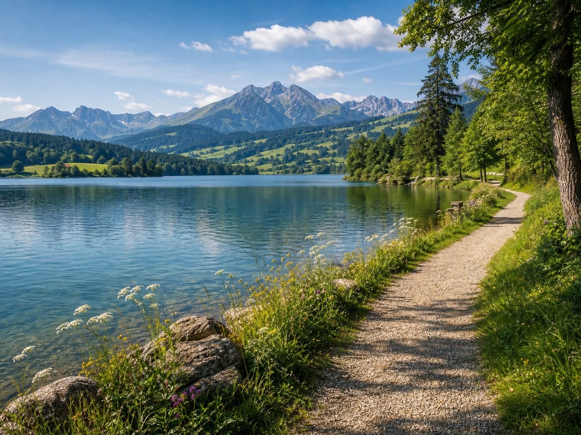 Ruhiger Allgäuer See mit Uferweg und Bergen im Hintergrund