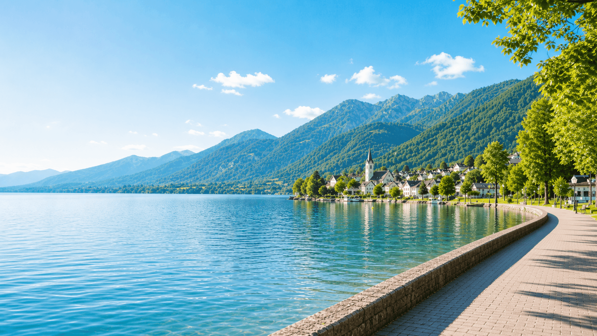 Sonniger Bergsee mit Uferpromenade und kleinem Ort vor grünen Alpen