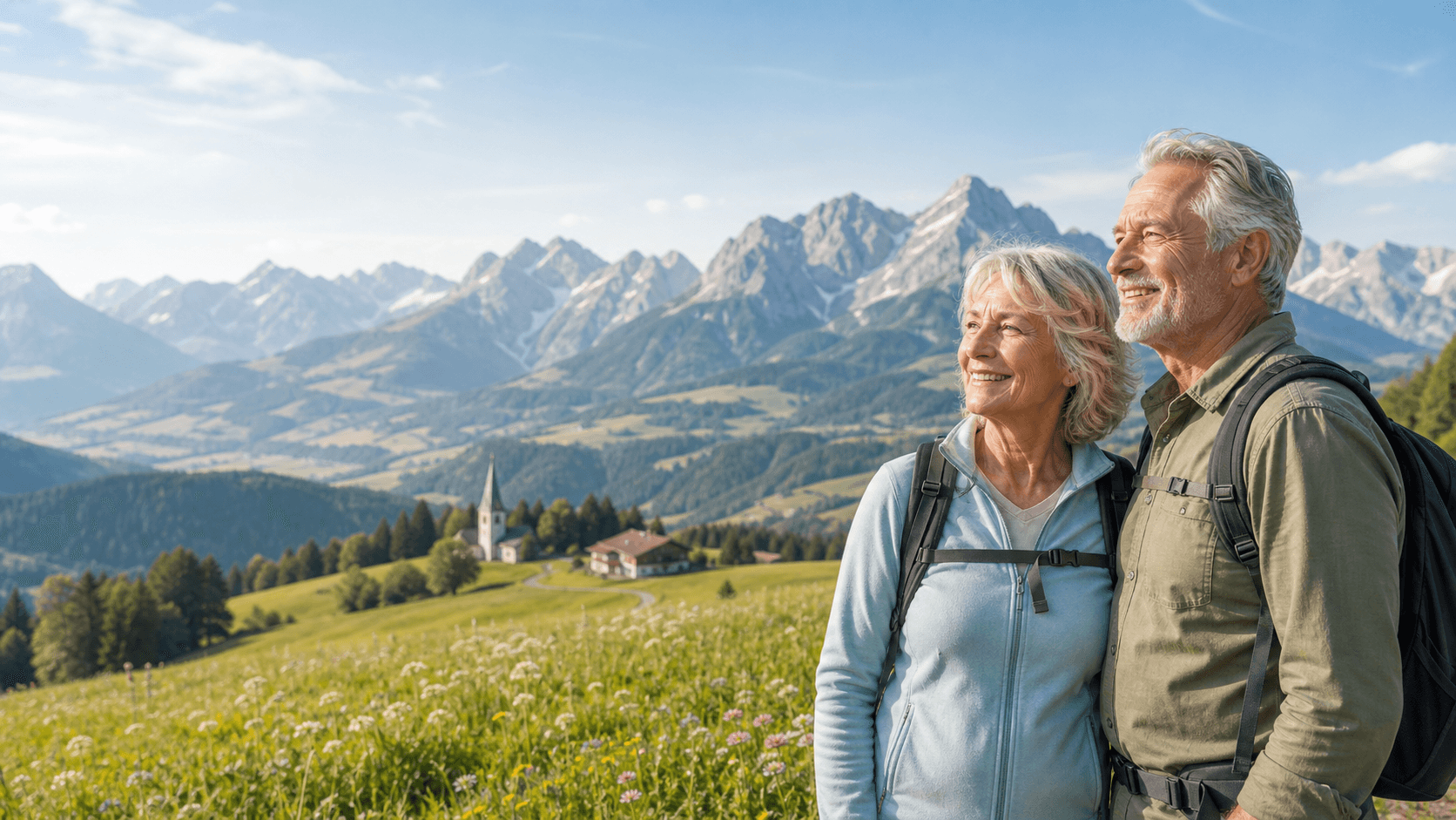 Blick über die Allgäuer Voralpenlandschaft mit Wiesen, See und Bergkette
