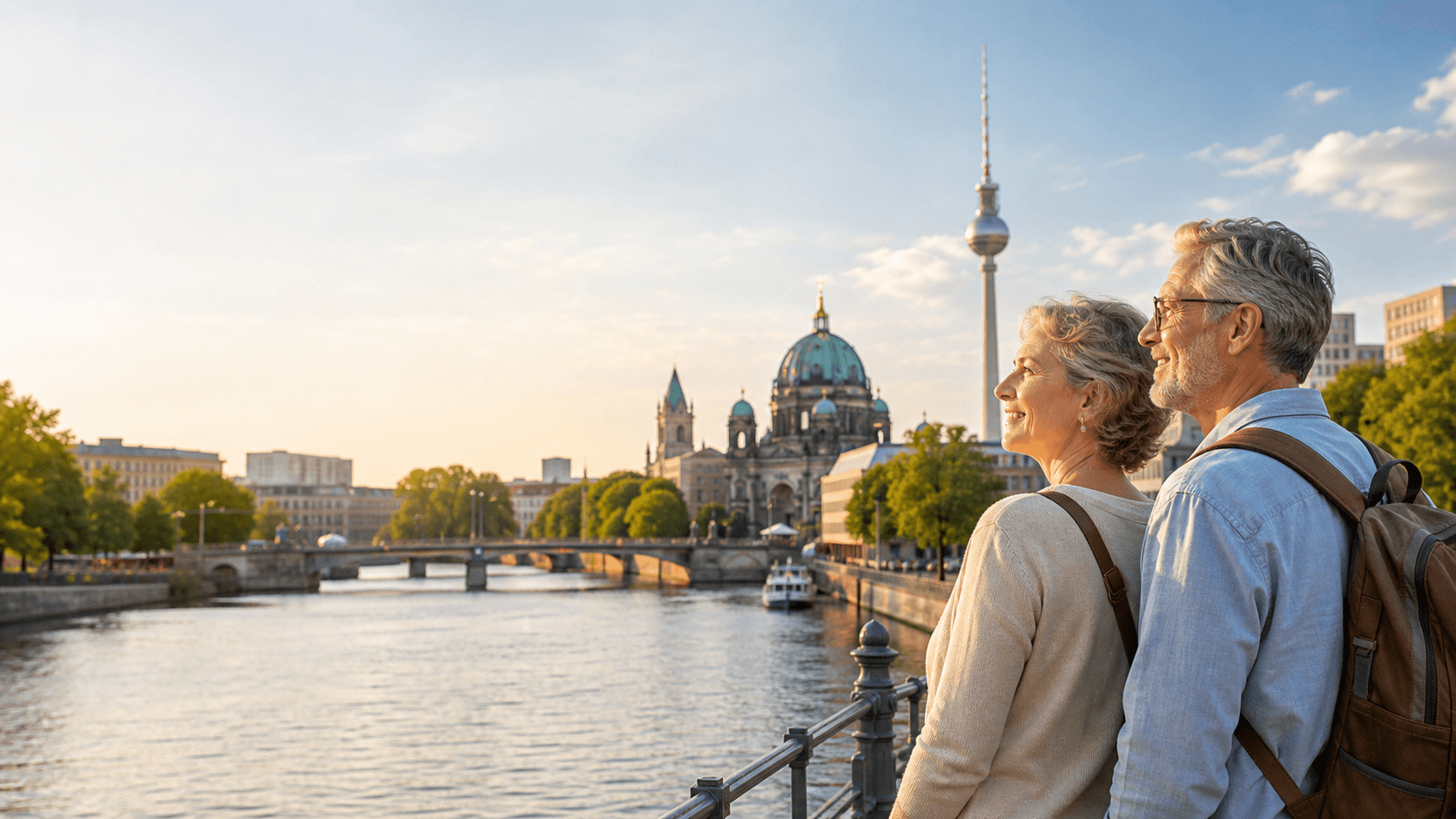 Blick auf Berlin mit Spree und Fernsehturm im warmen Tageslicht