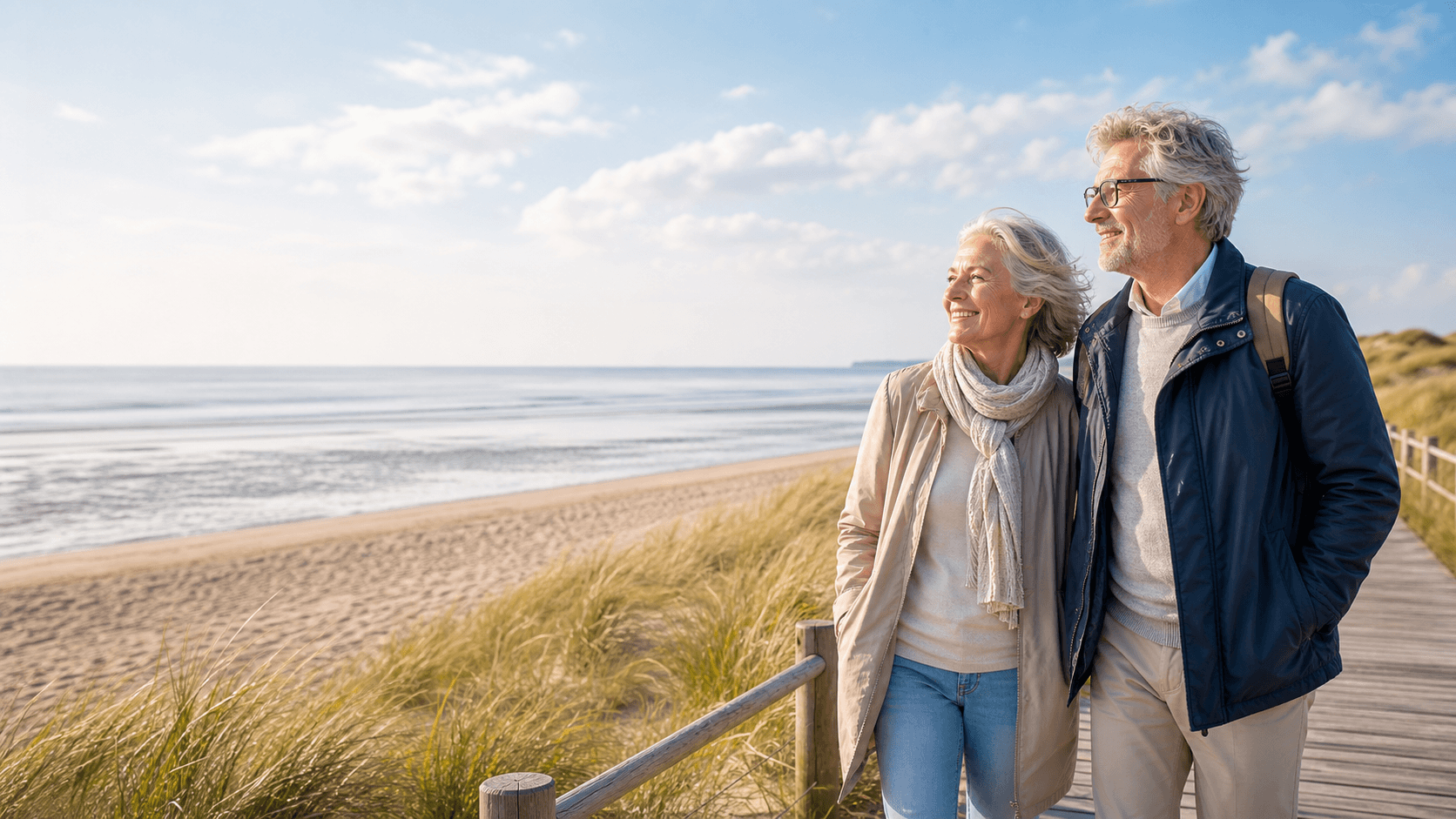 Weiter Sandstrand mit Strandkörben und Deich an der Nordsee bei Cuxhaven