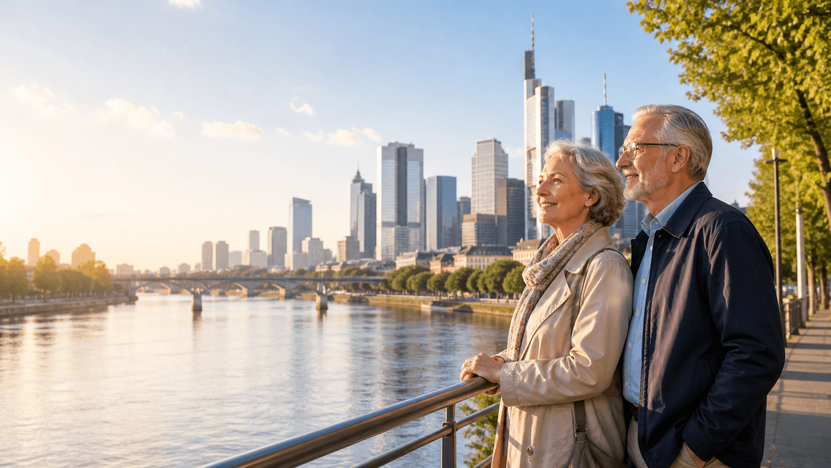 Blick auf die Frankfurter Skyline mit dem Main im Vordergrund